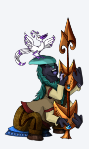 four-armed person playing tall instrument with bird on head