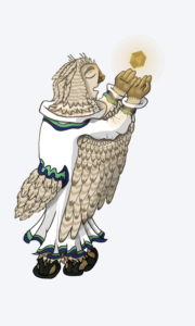 Feathered person in a robe holding a polyhedral spirit